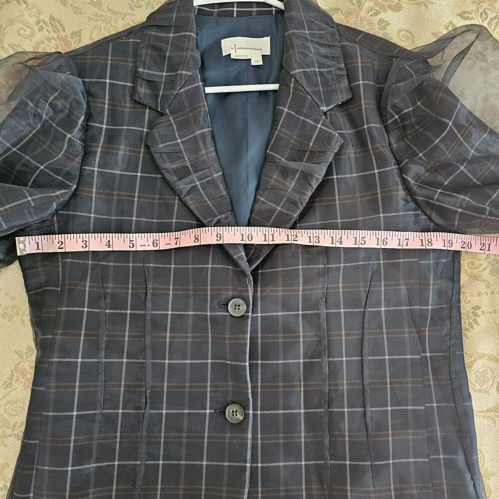 Anthropologie Women’s Tulle Overlay Plaid Blazer XS Navy Blue Tartan Chic Jacket - Picture 4 of 8